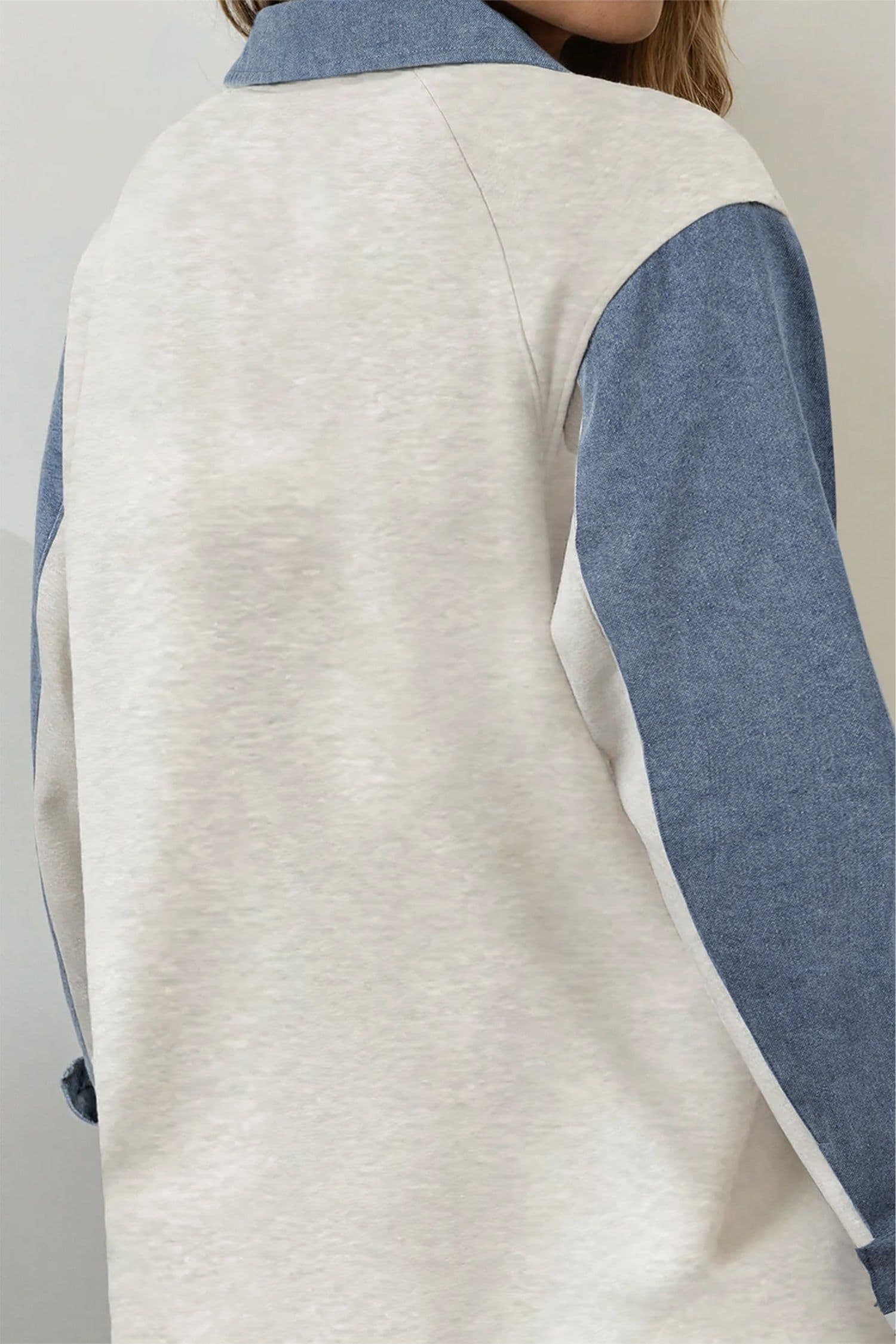 image-Light Grey Denim Patchwork Polo Top - Long Sleeve