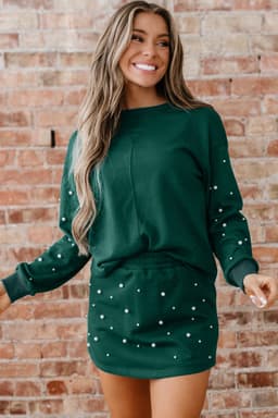 image-Dark Green Pearl Embellished Drop Shoulder Pullover Elastic Waist Mini Skirt Set