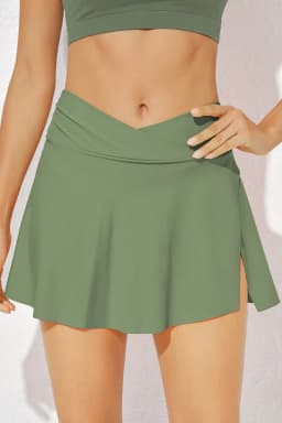 image-Green Criss Cross Waist Flared Swim Skirt