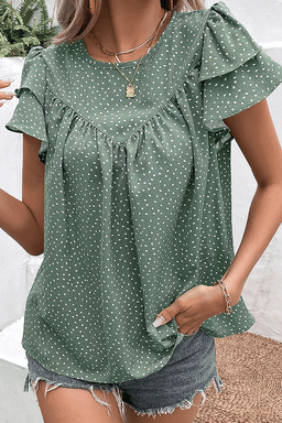 image-Green Dotted Ruffle Sleeve Crew Neck Blouse