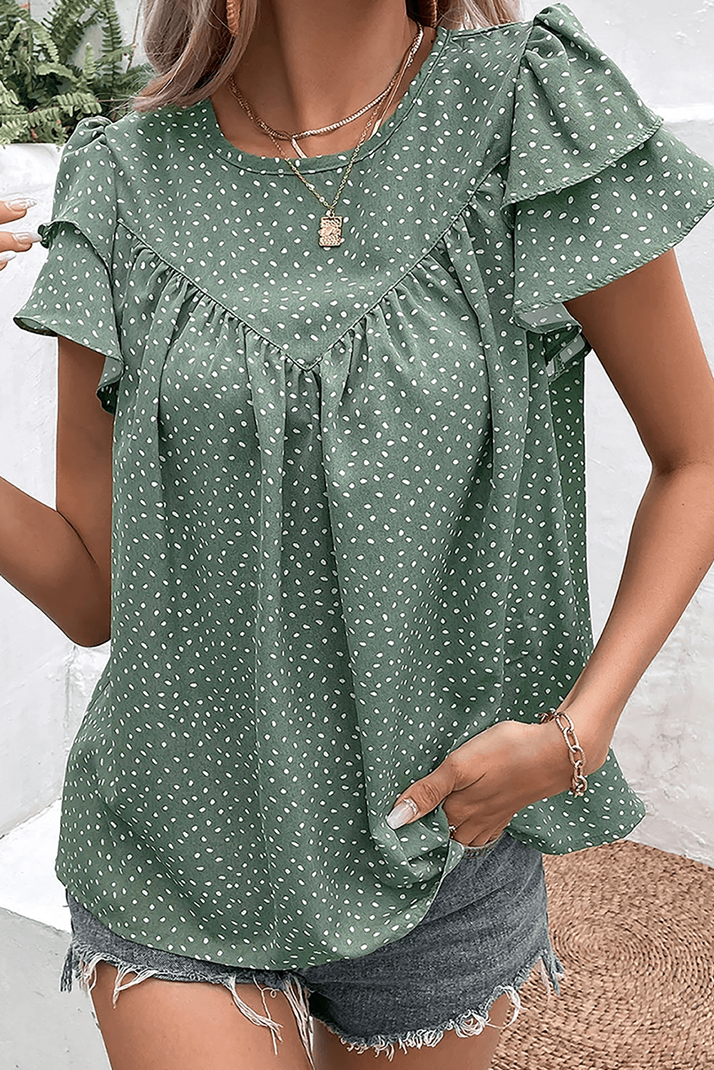 image-Green Dotted Ruffle Sleeve Crew Neck Blouse