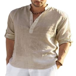 image-Men's Casual Cotton Linen Solid Color Long Sleeve Shirt Loose Stand Collar