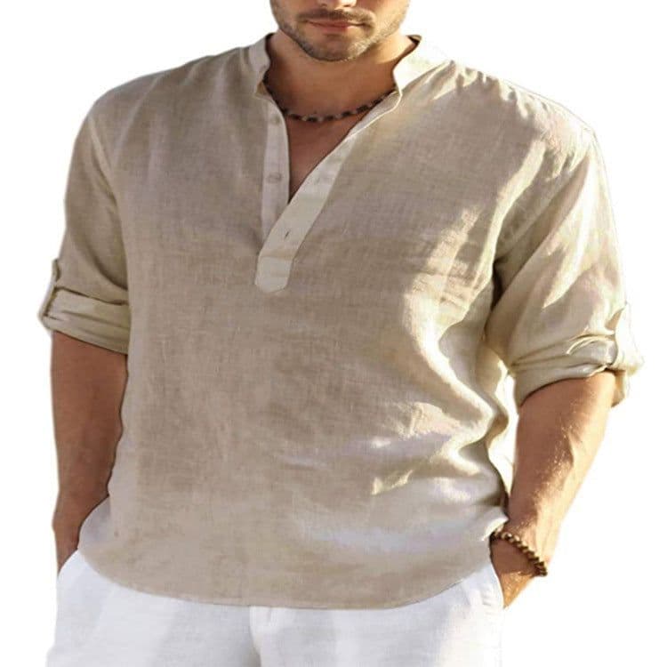 image-Men's Casual Cotton Linen Solid Color Long Sleeve Shirt Loose Stand Collar