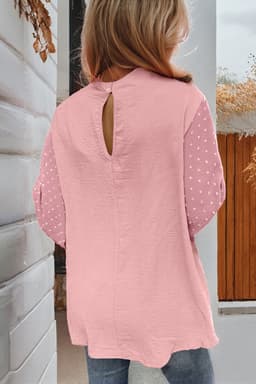 image-Gossamer Pink Swiss Dot Balloon Sleeve Blouse - Elegant & Romantic Design