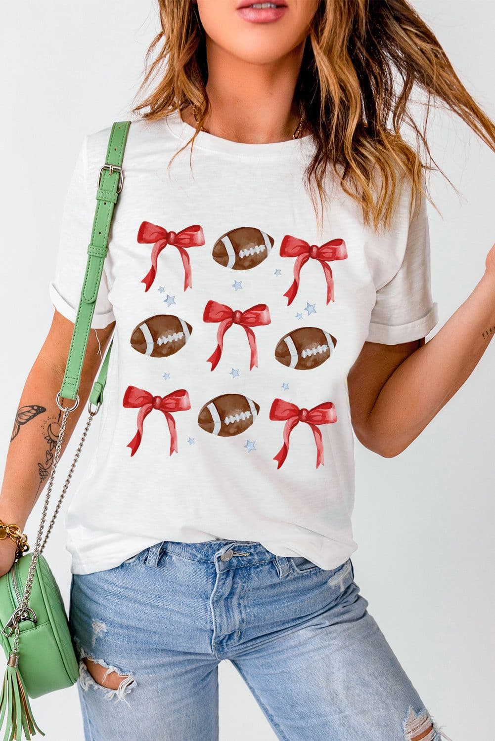 image-White Bowknot Rugby Graphic Crew Neck Tee