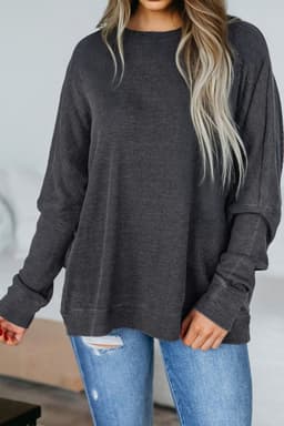 image-Bright Pink Waffle Knit Patchwork Long Sleeve Top