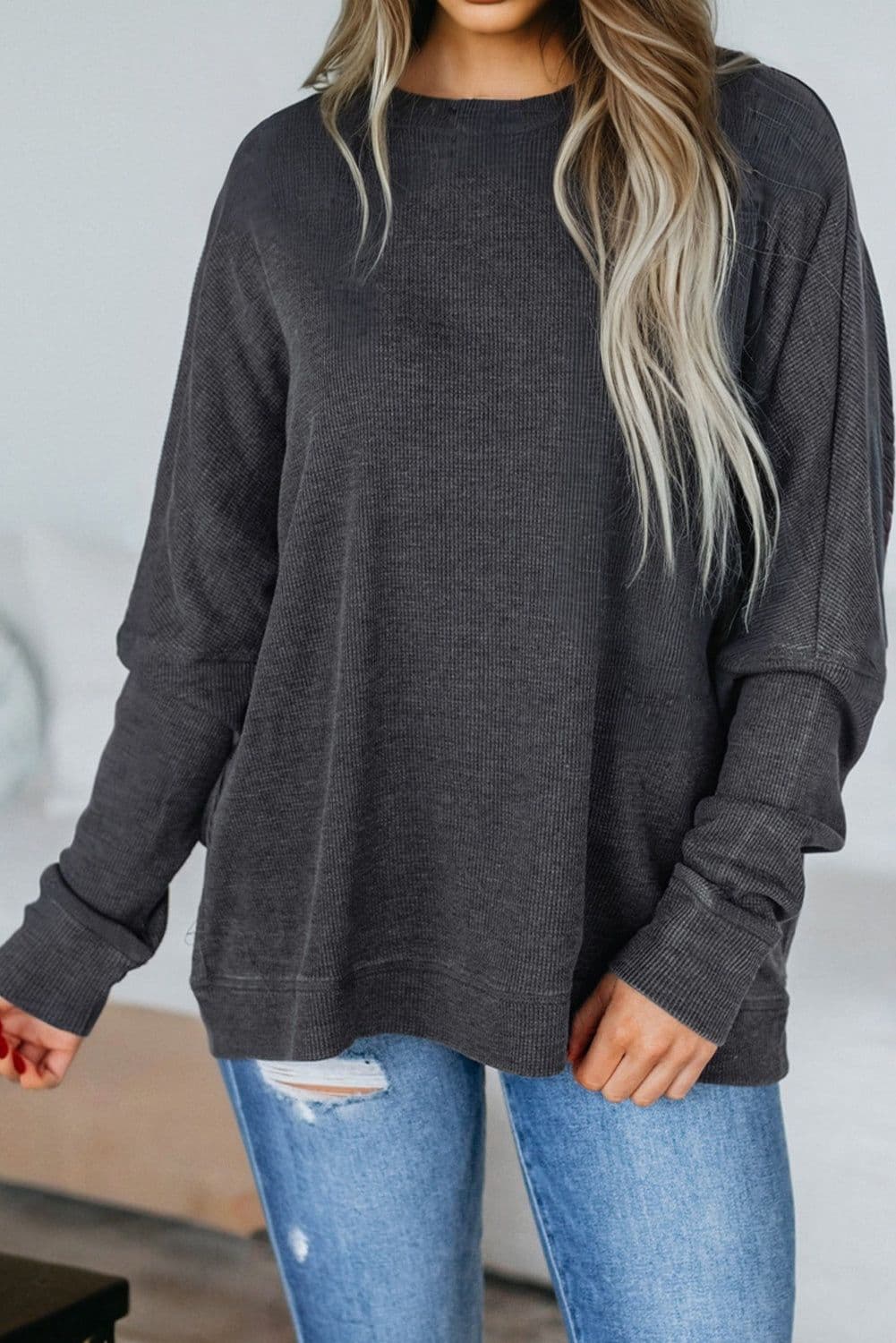 image-Bright Pink Waffle Knit Patchwork Long Sleeve Top