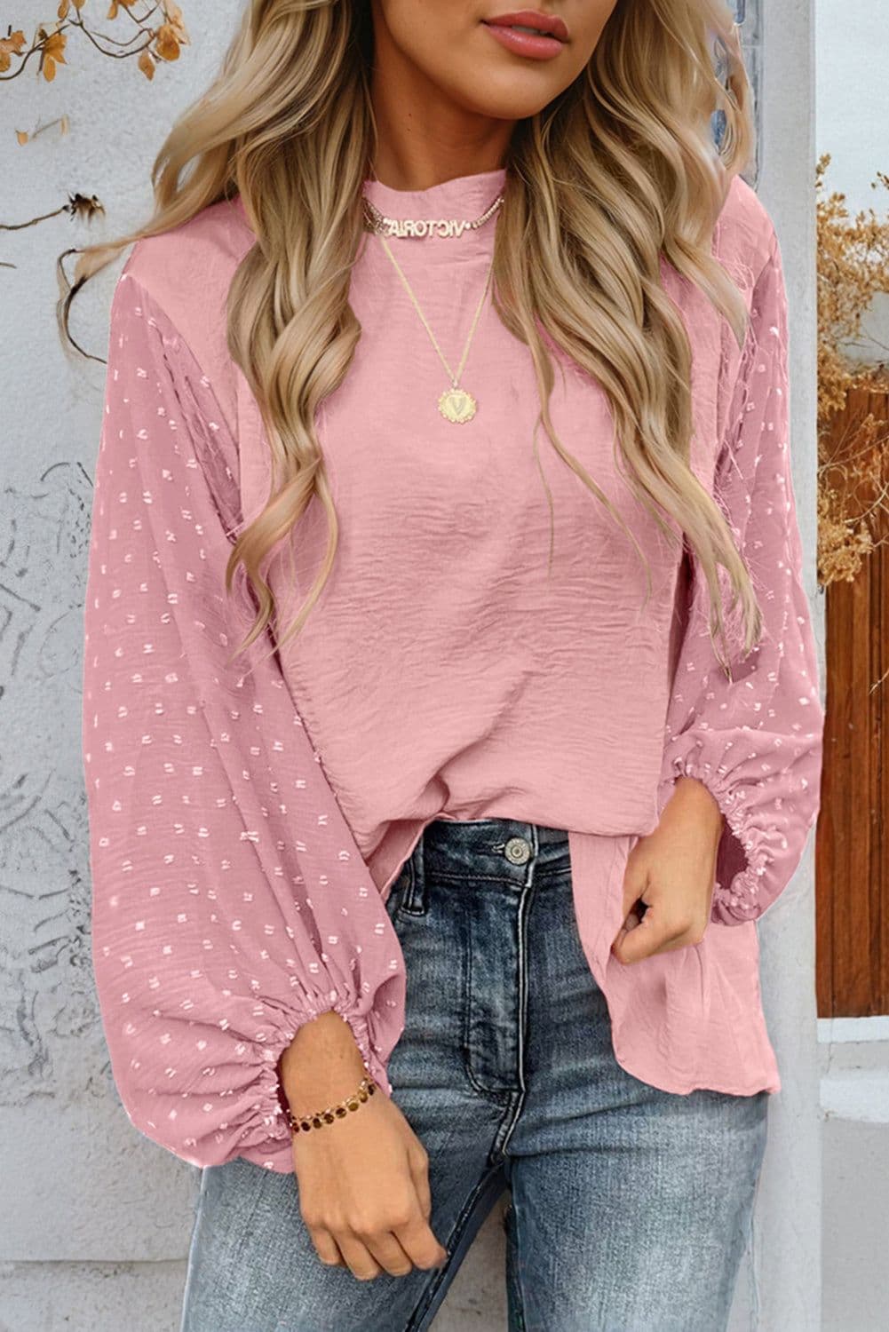 image-Gossamer Pink Swiss Dot Balloon Sleeve Blouse - Elegant & Romantic Design
