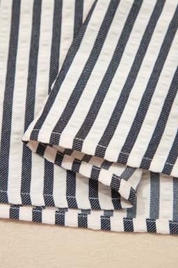 image-Black Stripe Polo Collar Half Zip Short Puff Sleeve Blouse