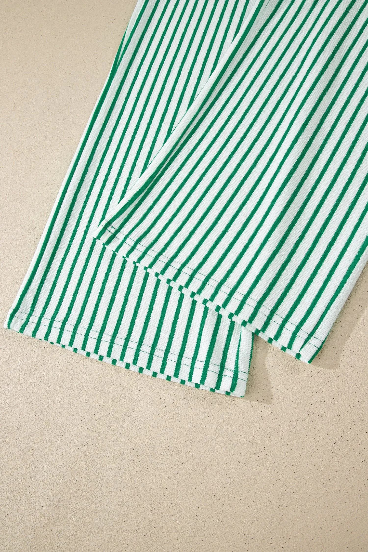 image-Khaki Stripe Crew Neck Tee Drawstring Waist Cropped Pants Set