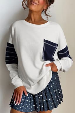 image-White Exposed Seam Detail Color Block Patch Pocket Drop Shoulder Sweatshirt
