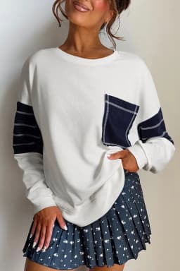 image-White Exposed Seam Detail Color Block Patch Pocket Drop Shoulder Sweatshirt