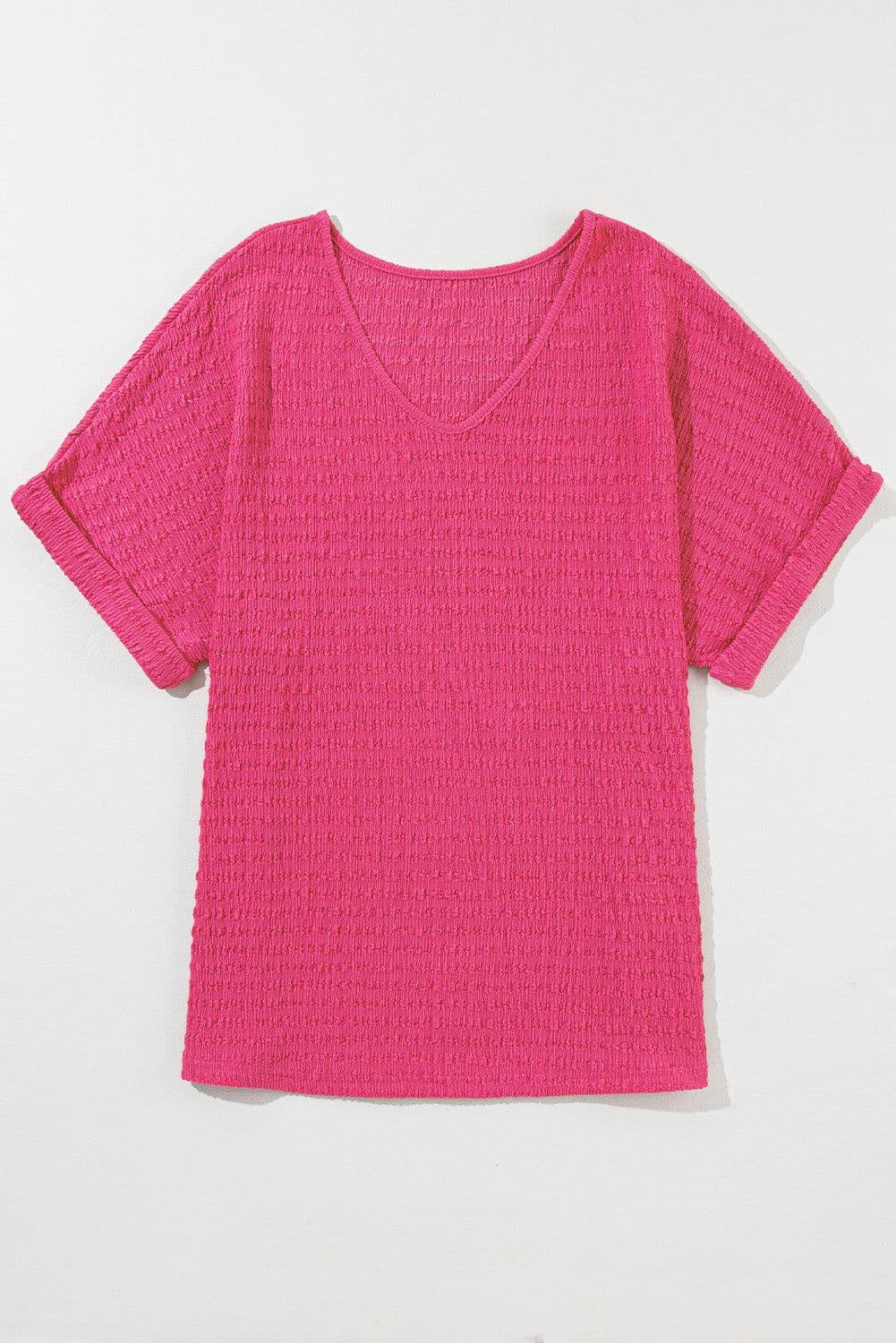 image-Bright Pink Textured V Neck Rolled Sleeve Tee - Loose Fit
