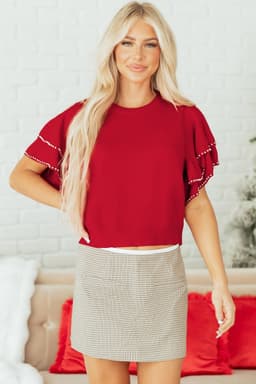 image-Racing Red Pearl Embellished Double Ruffle Sweater