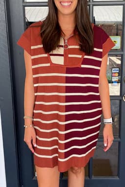 image-Brown Stripe Color Block Sweater Dress - Short Sleeve Quarter Zip Collar