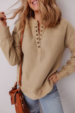 image-Light French Beige Grommet Detail V Neck Sweatshirt