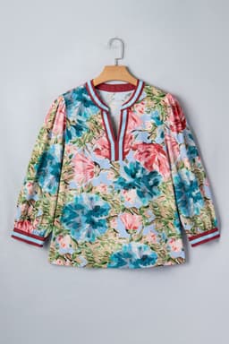 image-Sky Blue Floral Blouse V Neck Cuffed Sleeves
