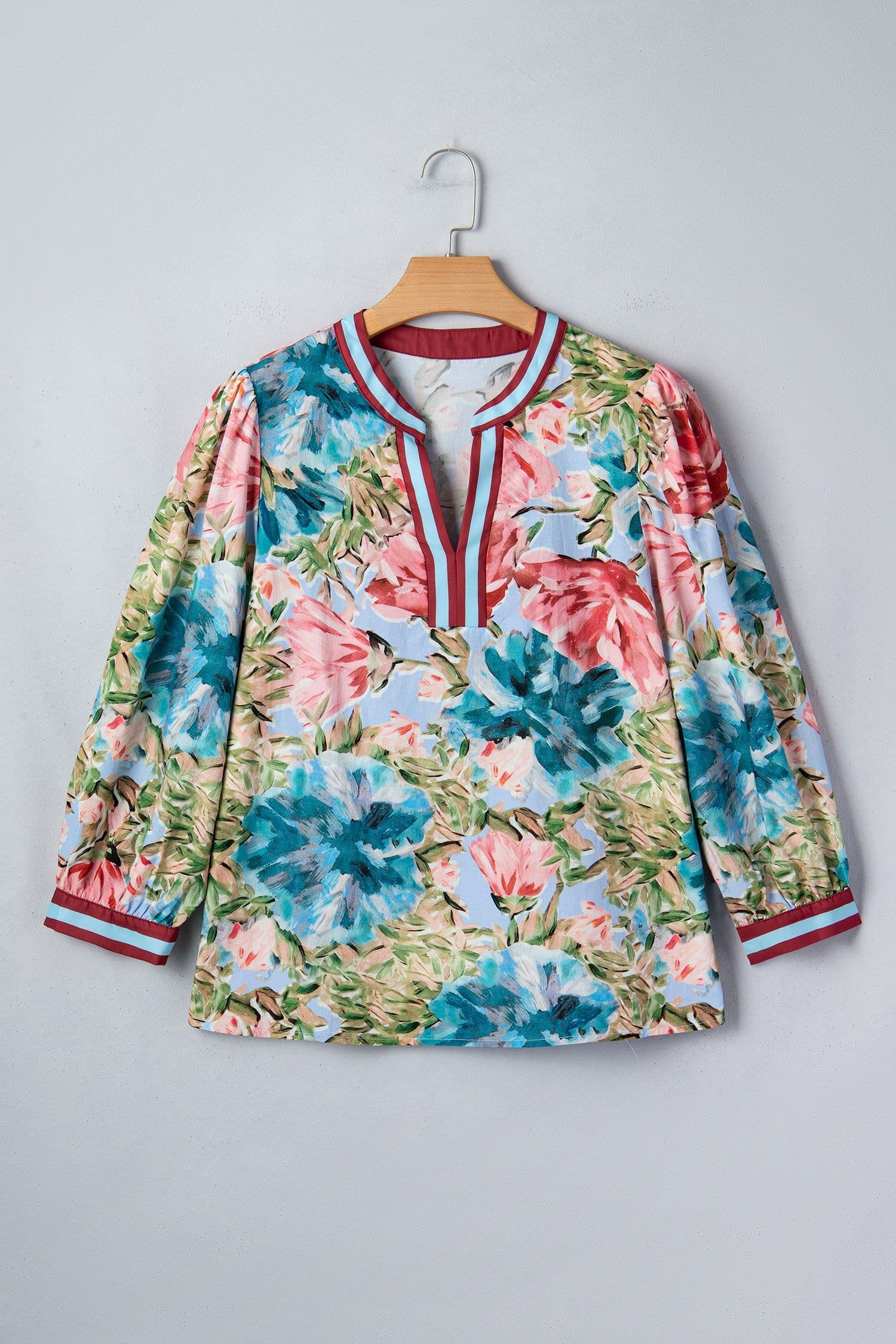 image-Sky Blue Floral Blouse V Neck Cuffed Sleeves