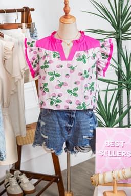 image-Pink Striped Strawberry Blouse - V Neck Flutter Sleeve