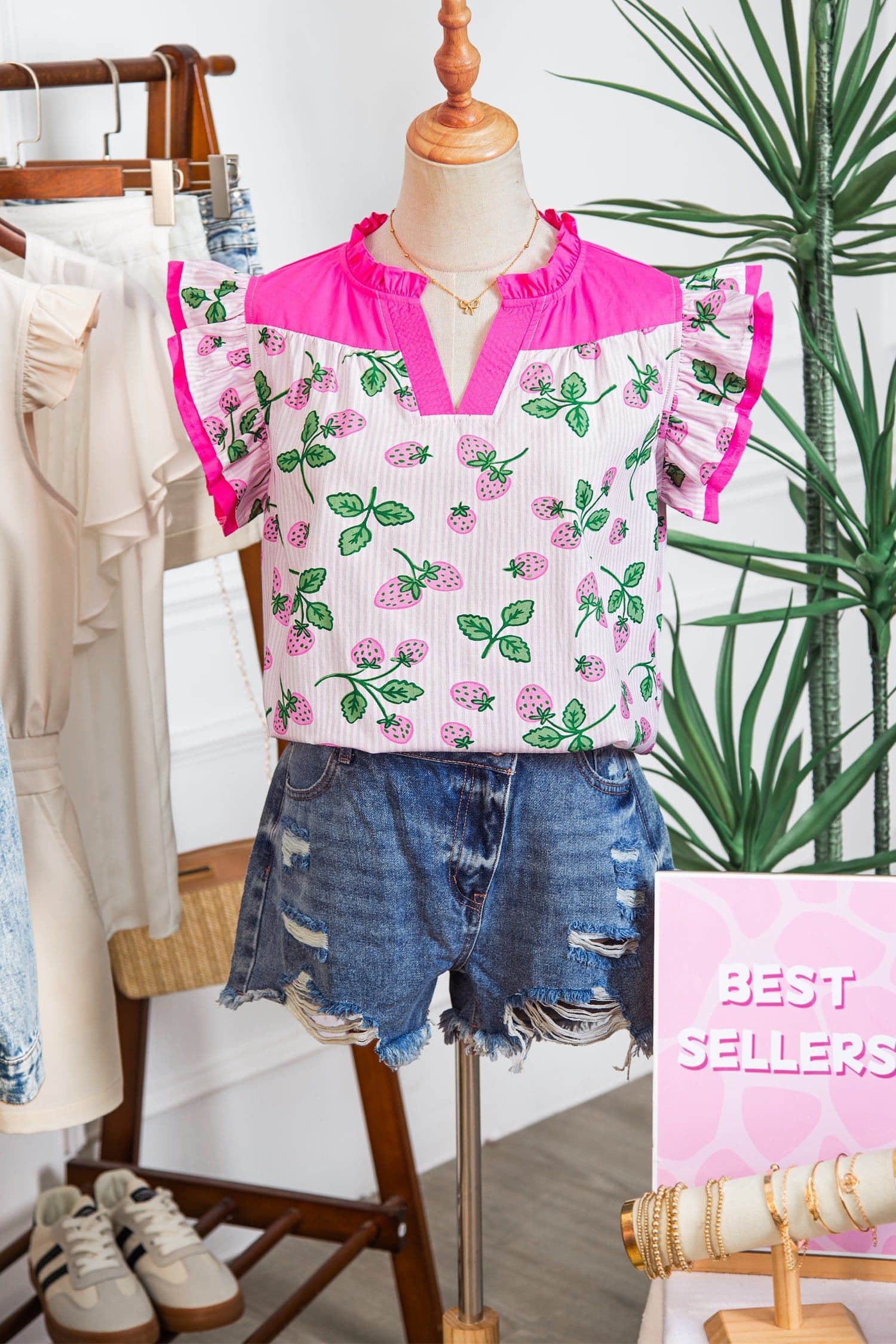image-Pink Striped Strawberry Blouse - V Neck Flutter Sleeve