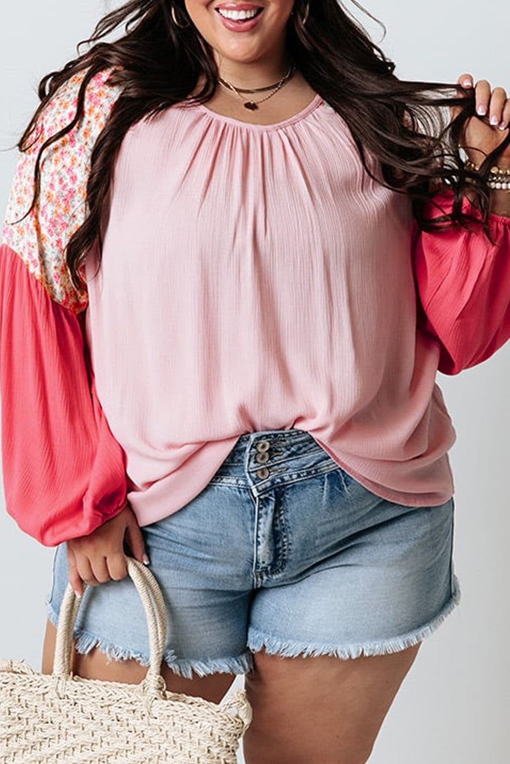 image-Plus Size Floral Patchwork Long Sleeve Blouse - Pink