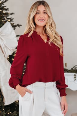 image-Burgundy Long Sleeve Blouse Shirred Cuff V-Neck