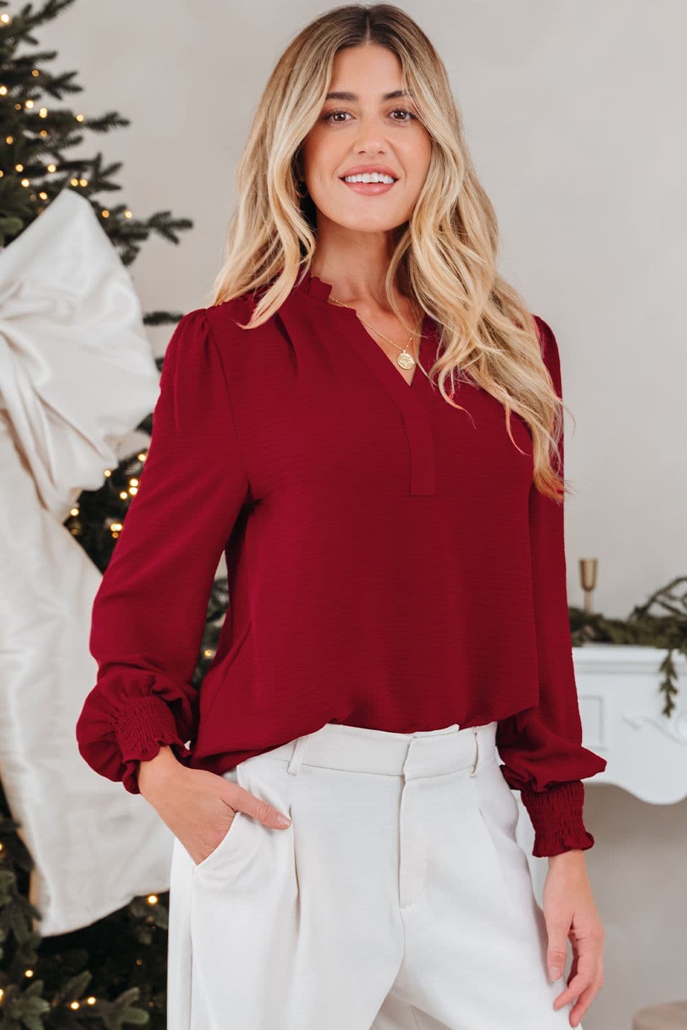 image-Burgundy Long Sleeve Blouse Shirred Cuff V-Neck