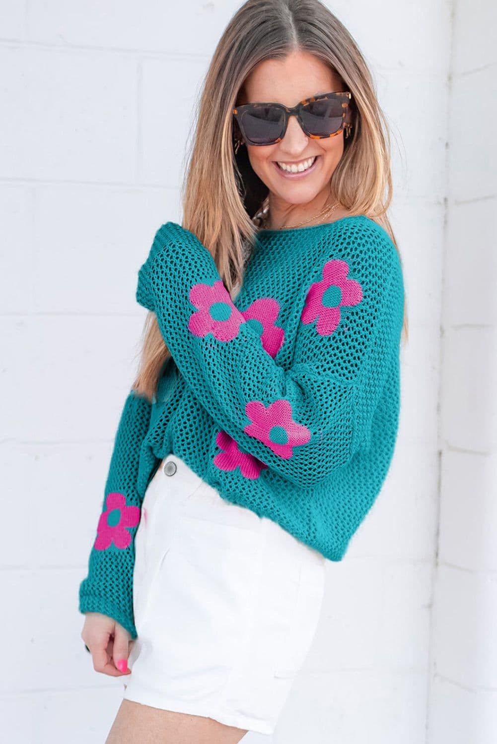 image-Sea Green Big Flower Hollowed Knit Drop Shoulder Sweater