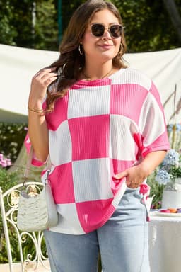 image-Plus Size Checkerboard Textured T-Shirt - White Round Neck