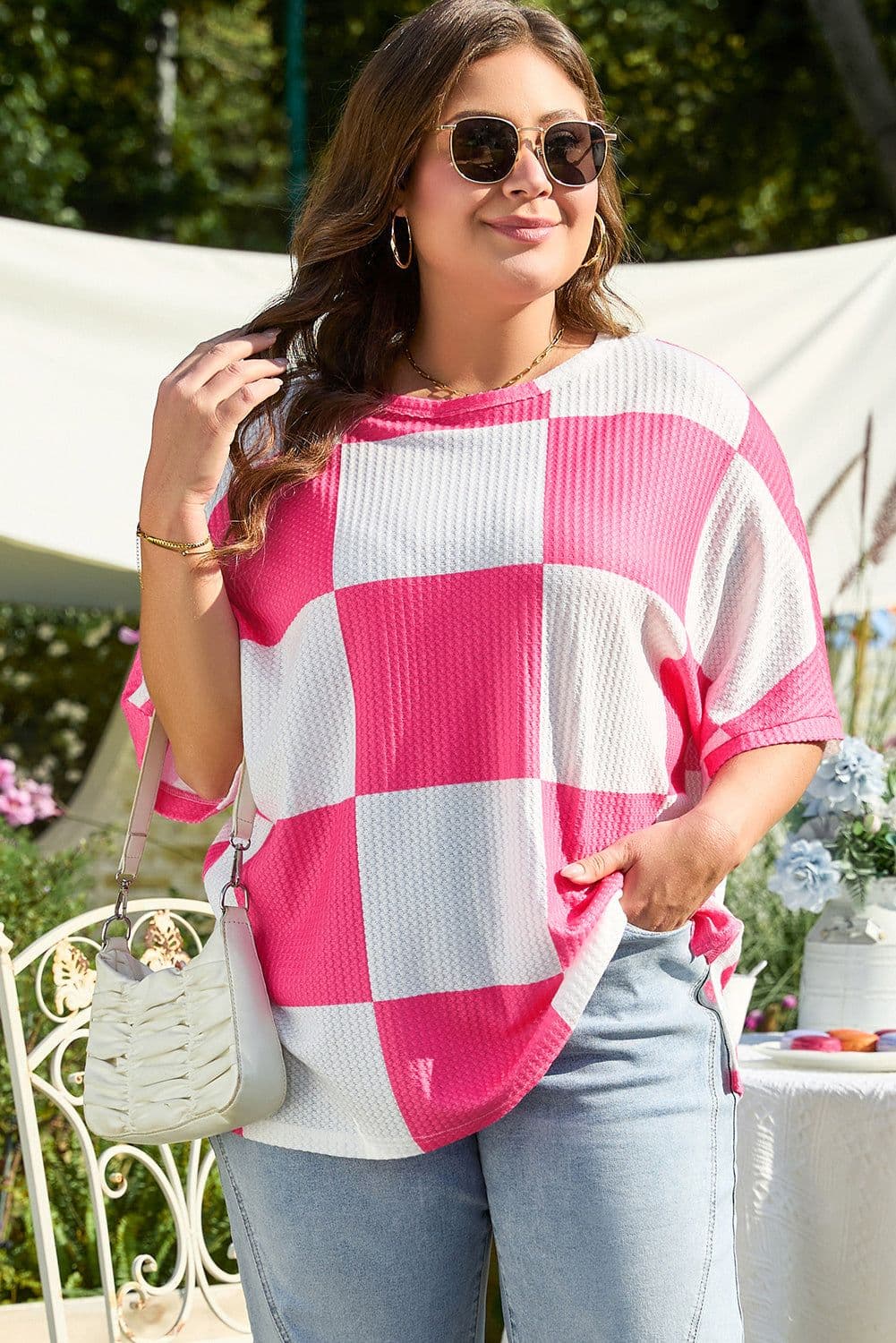 image-Plus Size Checkerboard Textured T-Shirt - White Round Neck