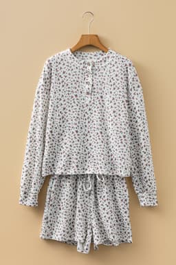 image-White Spiral Ribbed Floral Print Long Sleeve Henley Top Drawstring Short Set