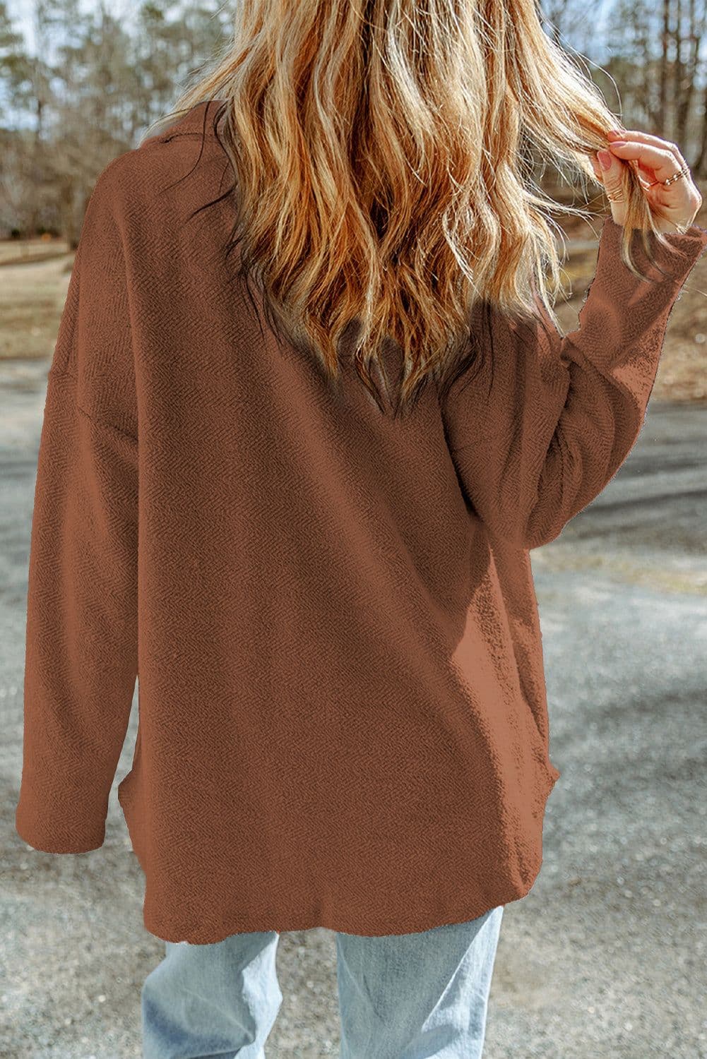 image-Brown Exposed Seam Terry Patchwork Shacket