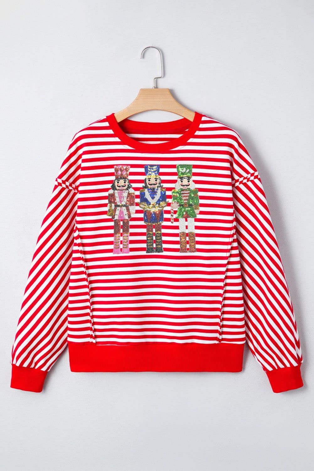 image-Red Stripe Christmas Nutcracker Sequin Patched Drop Shoulder Top