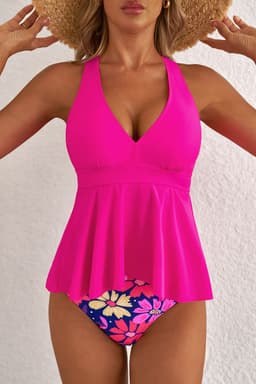 image-Rose Floral Tankini Set - V Neck Ruffled Hem Two-Piece Swimsuit