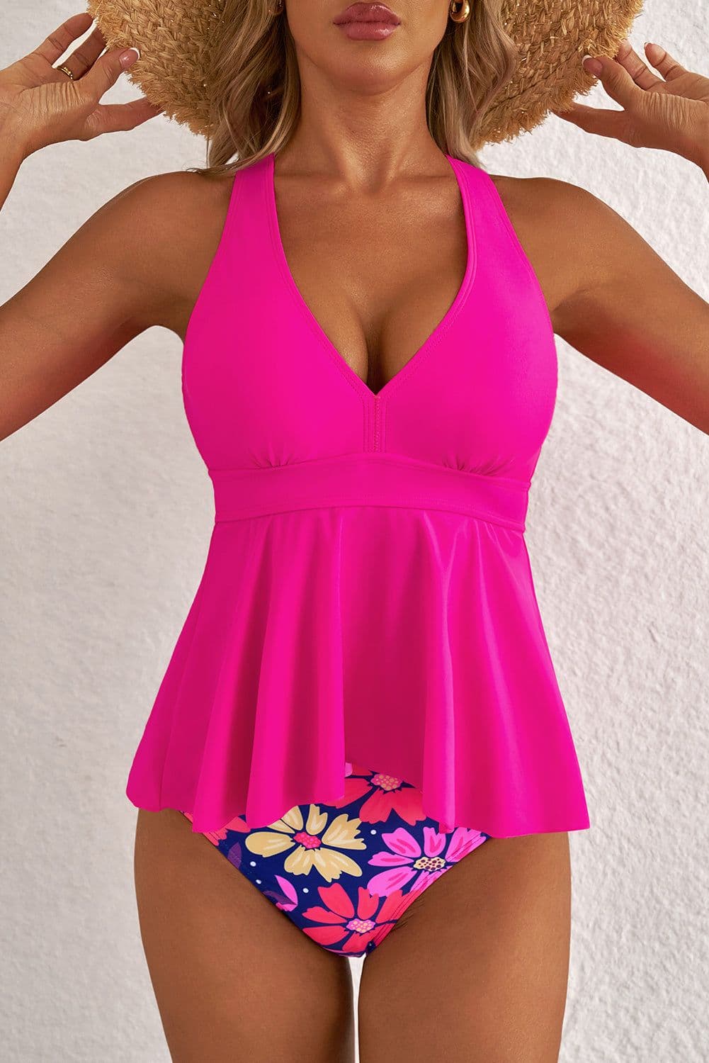 image-Rose Floral Tankini Set - V Neck Ruffled Hem Two-Piece Swimsuit