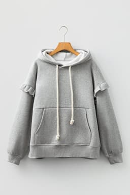 image-Gray Contrast Rope Drawstring Ruffle Trim Hoodie