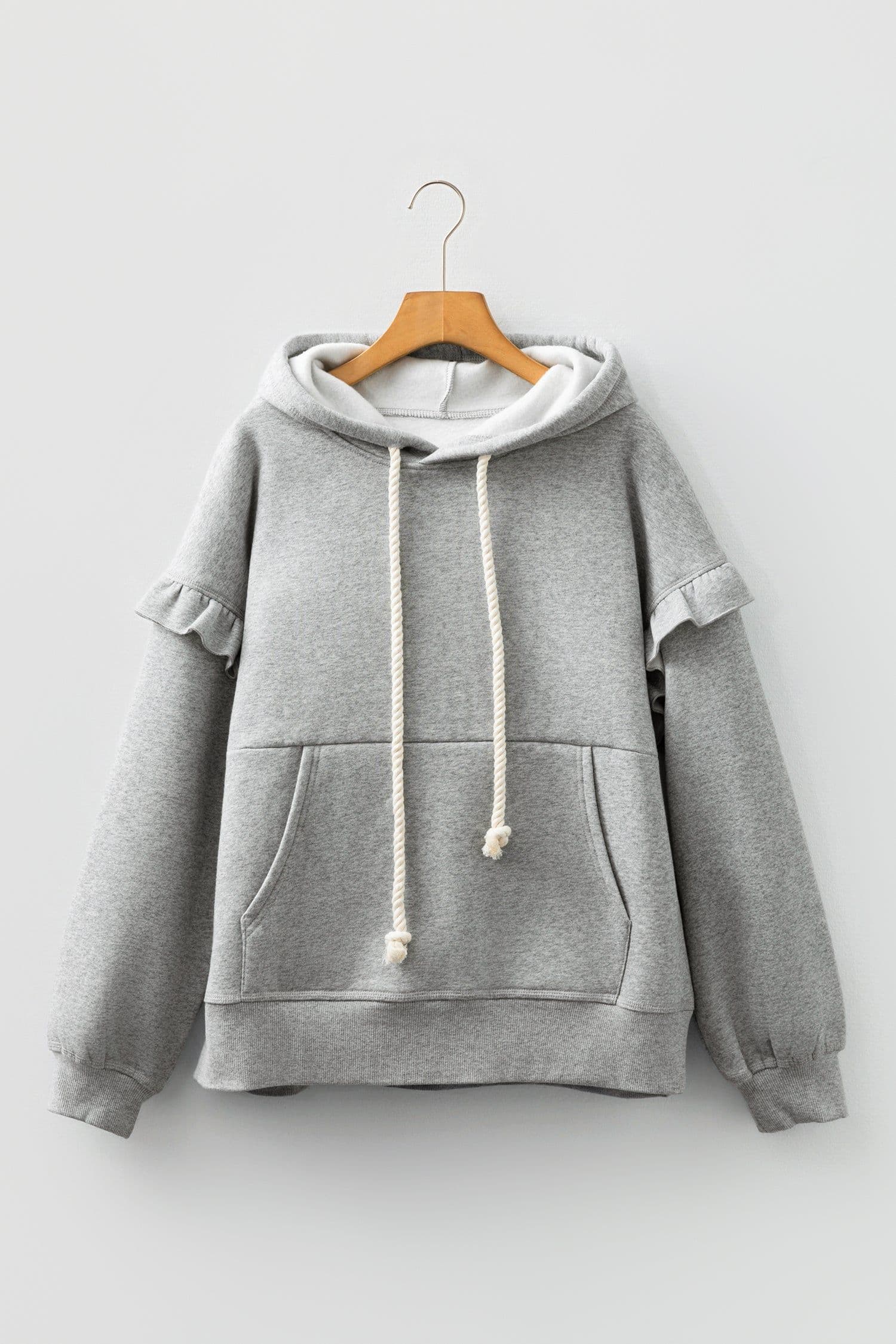 image-Gray Contrast Rope Drawstring Ruffle Trim Hoodie