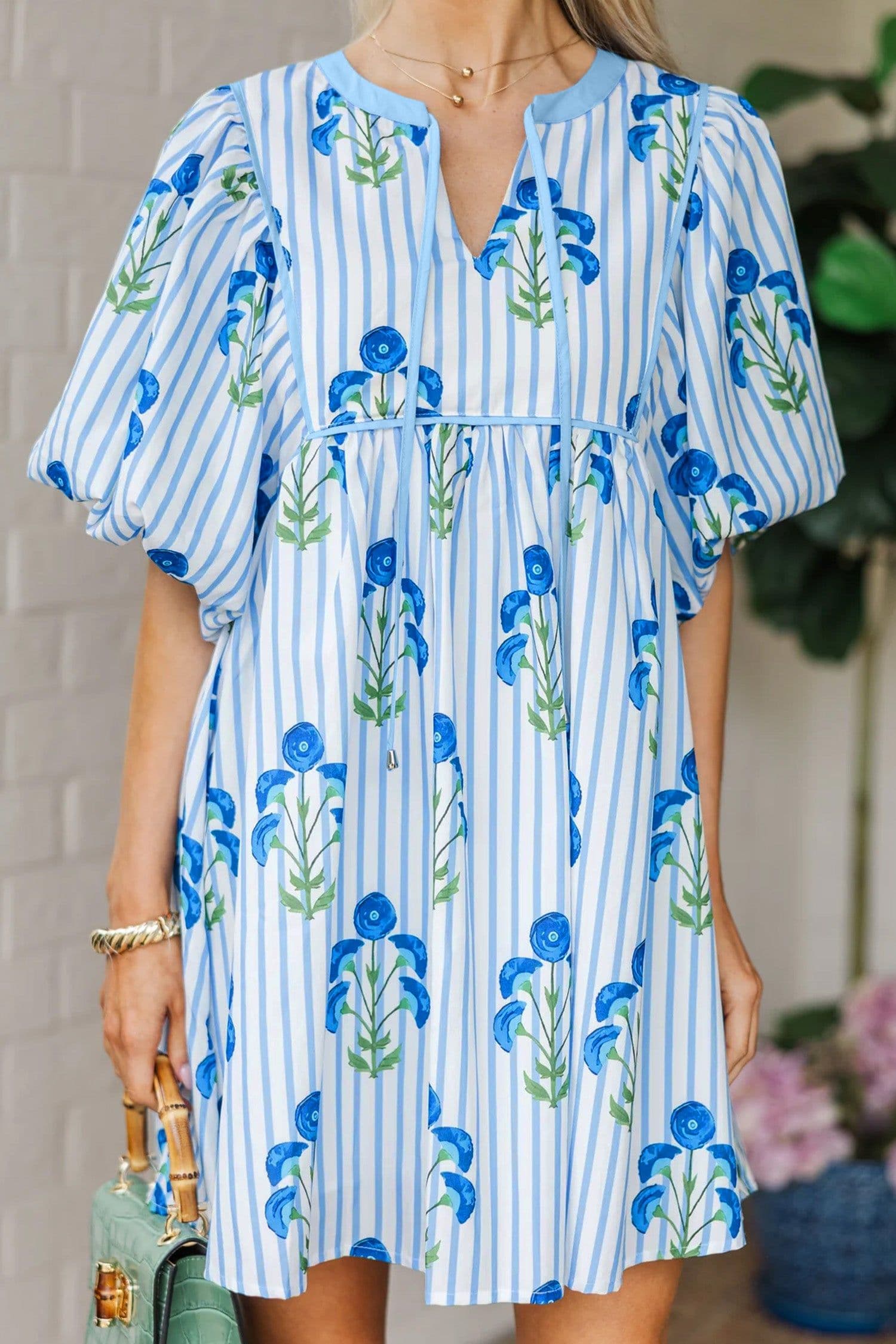 image-Sky Blue Floral Striped Print Tie Notched Neck Puff Sleeve Flared Mini Dress