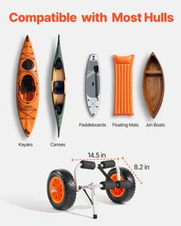 image-VEVOR Kayak Cart, 200 lbs Load Capacity, Foldable Kayak Trolley with 10-inch Solid Rubber Tires & 1 Ratchet Strap, Paddle Board Trolley for Carrying Kayaks, Canoes, Paddleboards, Float Mats, Jon Boats