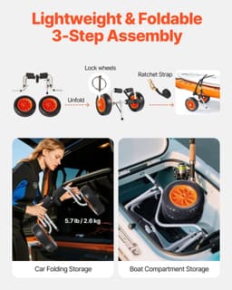 image-VEVOR Kayak Cart, 200 lbs Load Capacity, Foldable Kayak Trolley with 10-inch Solid Rubber Tires & 1 Ratchet Strap, Paddle Board Trolley for Carrying Kayaks, Canoes, Paddleboards, Float Mats, Jon Boats