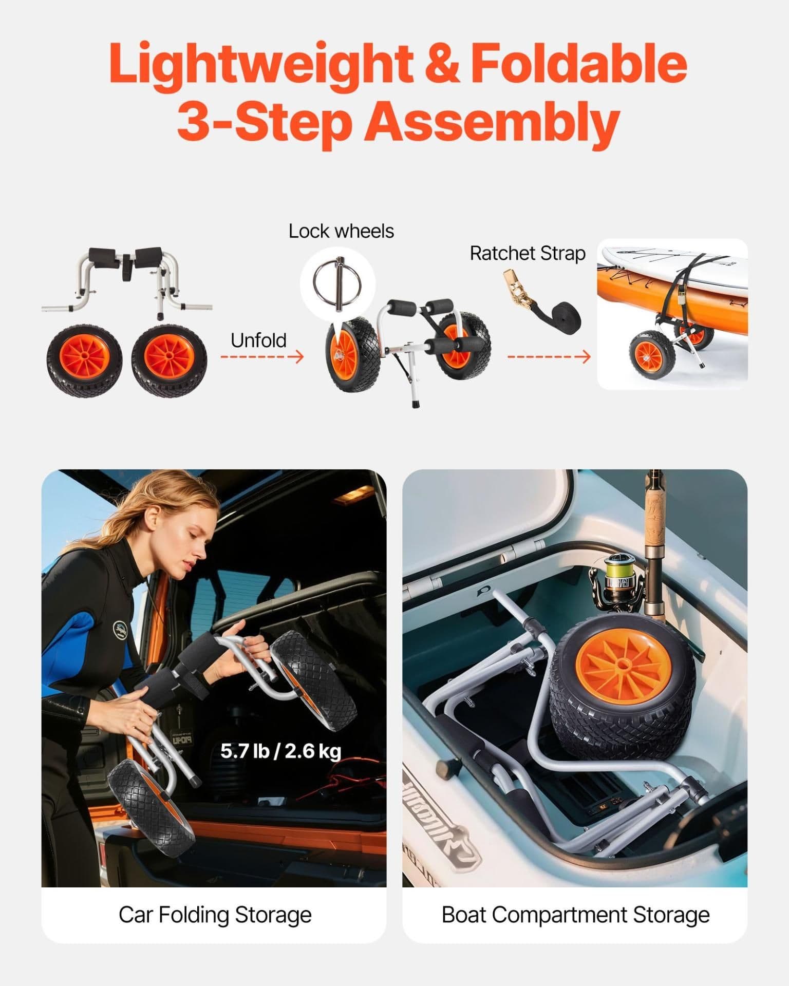 image-VEVOR Kayak Cart, 200 lbs Load Capacity, Foldable Kayak Trolley with 10-inch Solid Rubber Tires & 1 Ratchet Strap, Paddle Board Trolley for Carrying Kayaks, Canoes, Paddleboards, Float Mats, Jon Boats