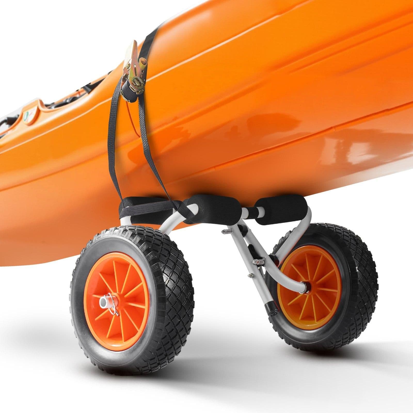 image-VEVOR Kayak Cart, 200 lbs Load Capacity, Foldable Kayak Trolley with 10-inch Solid Rubber Tires & 1 Ratchet Strap, Paddle Board Trolley for Carrying Kayaks, Canoes, Paddleboards, Float Mats, Jon Boats