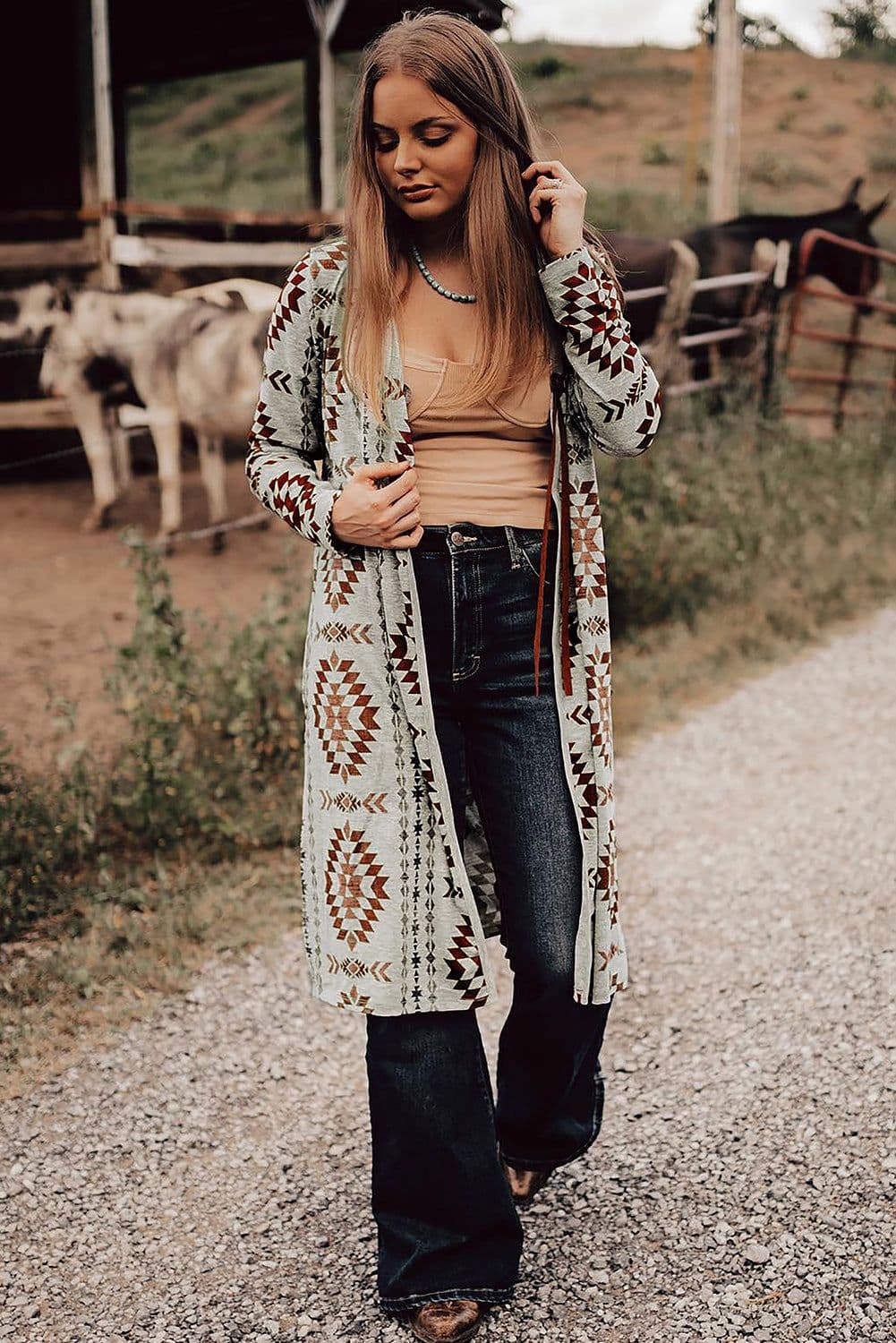 image-Sky Blue Western Aztec Cardigan - Open Front Long