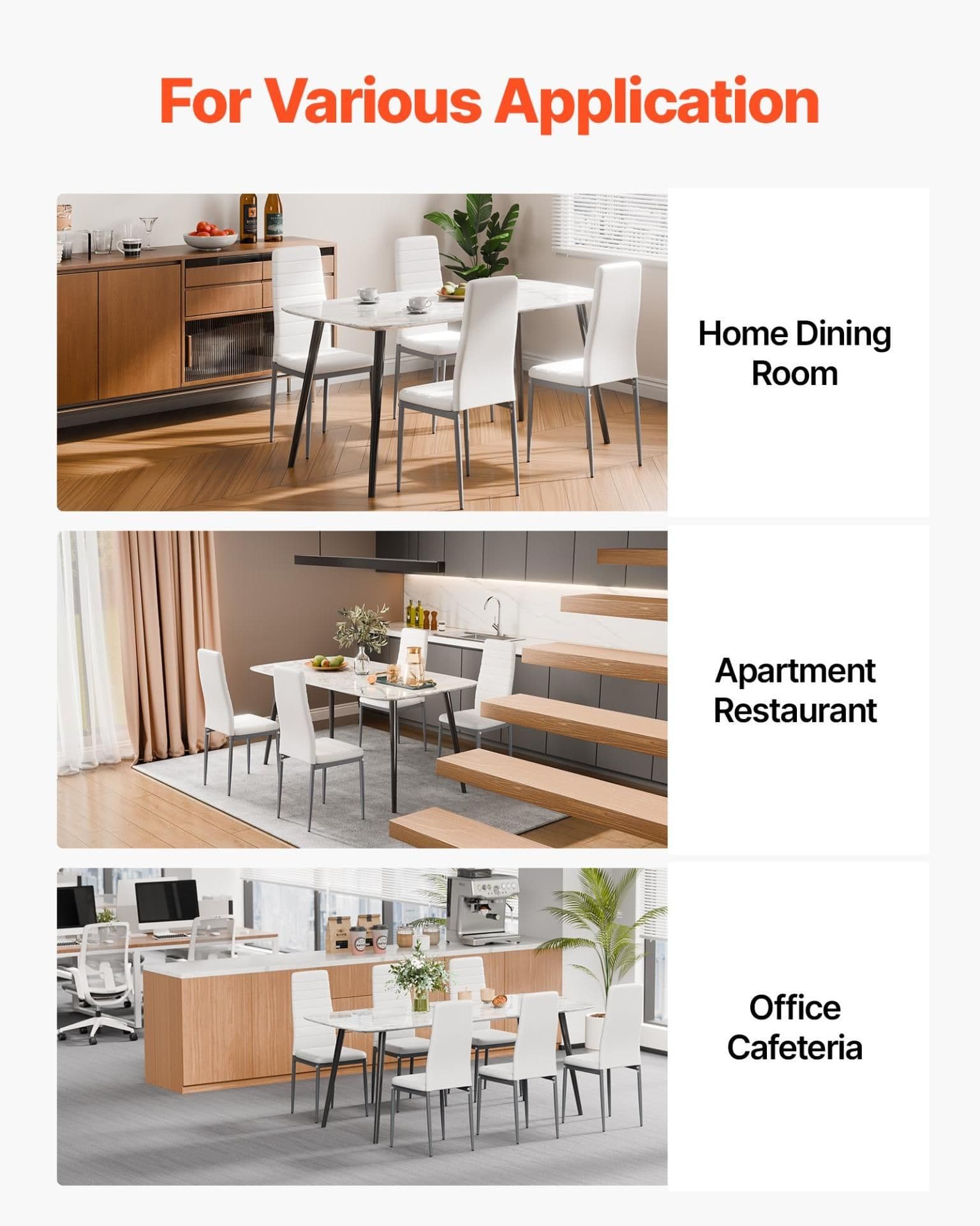 image-VEVOR Modern Dining Room Accent Chairs Set of 6, Upholstered Leather Side Chair for Dining Tables, Space-Saving Kitchen Table Chair with Thick Cushions and Metal Legs, White