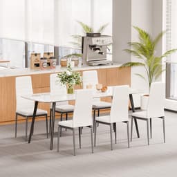 image-VEVOR Modern Dining Room Accent Chairs Set of 6, Upholstered Leather Side Chair for Dining Tables, Space-Saving Kitchen Table Chair with Thick Cushions and Metal Legs, White
