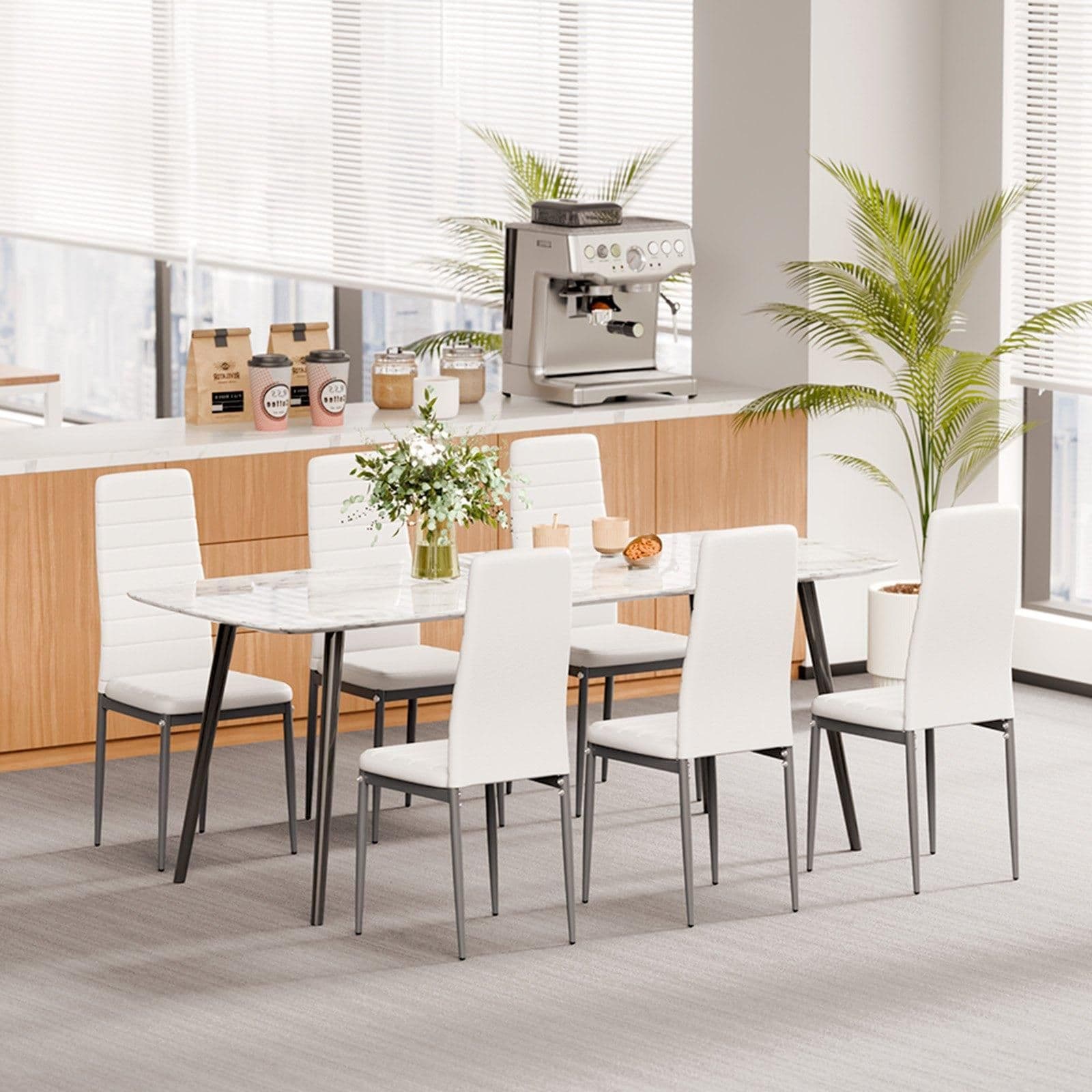 image-VEVOR Modern Dining Room Accent Chairs Set of 6, Upholstered Leather Side Chair for Dining Tables, Space-Saving Kitchen Table Chair with Thick Cushions and Metal Legs, White