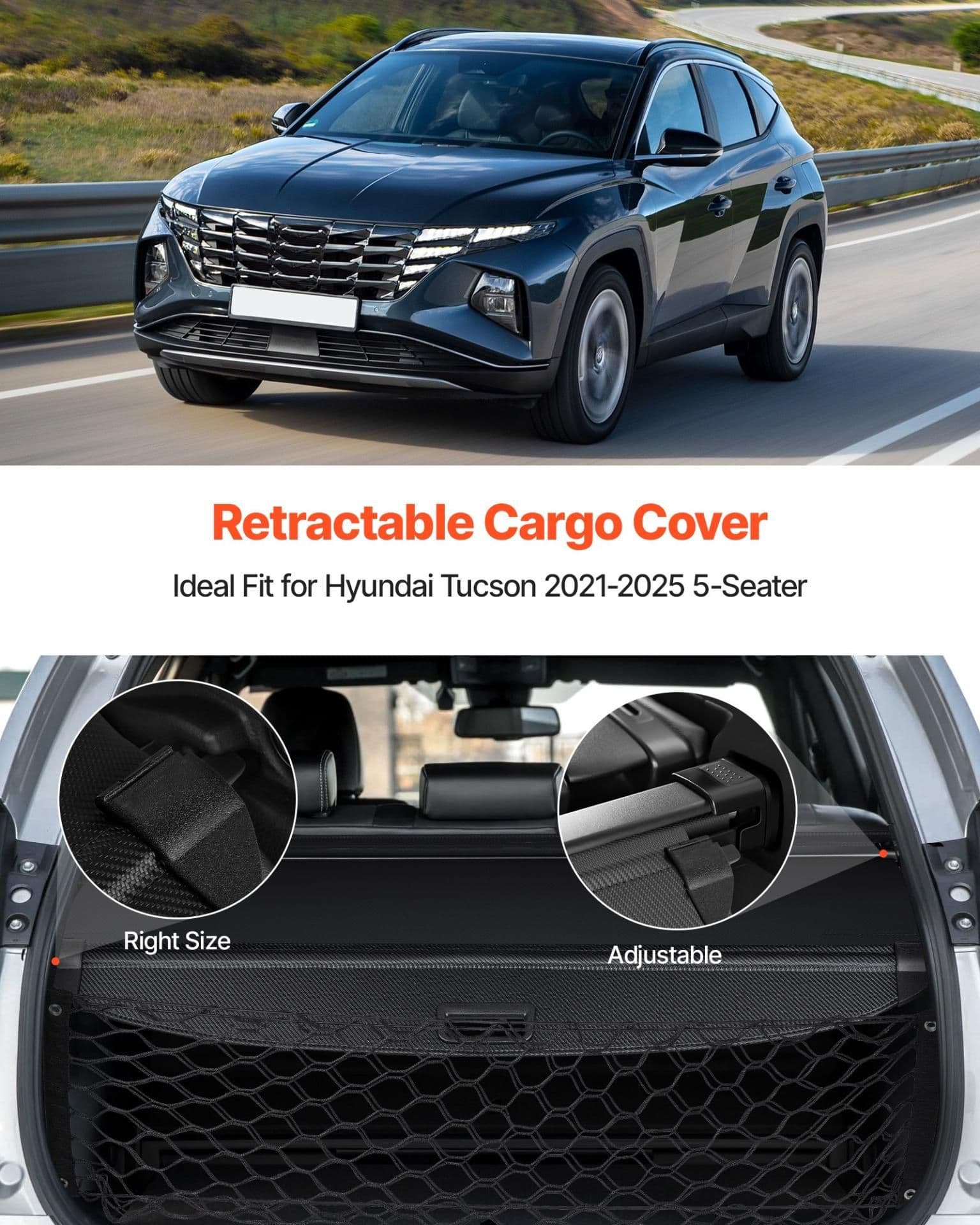 image-VEVOR Retractable Cargo Cover, Upgraded Carbon Fiber Texture Trunk Cover, Anti-Peeping Luggage Privacy Shield, Easy Installation Security Shade with Cargo Net, for Hyundai Tucson 2021-2025 5-Seater