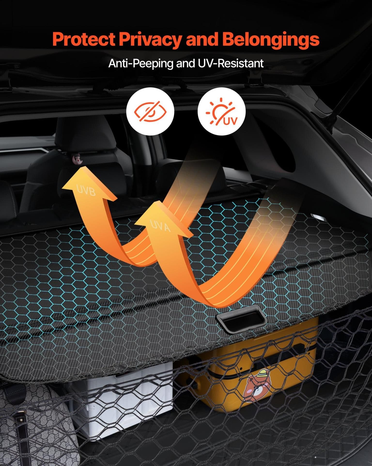 image-VEVOR Retractable Cargo Cover, Upgraded Carbon Fiber Texture Trunk Cover, Anti-Peeping Luggage Privacy Shield, Easy Installation Security Shade with Cargo Net, for Hyundai Tucson 2021-2025 5-Seater