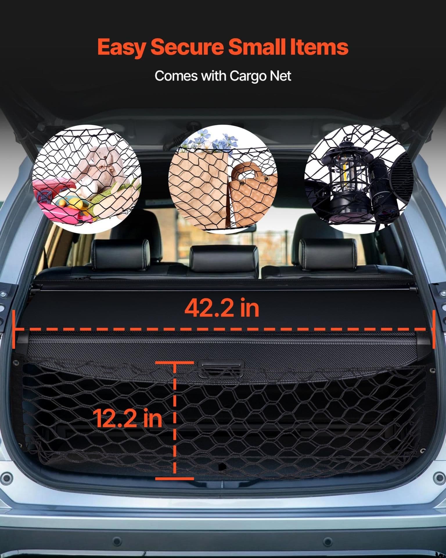 image-VEVOR Retractable Cargo Cover, Upgraded Carbon Fiber Texture Trunk Cover, Anti-Peeping Luggage Privacy Shield, Easy Installation Security Shade with Cargo Net, for Hyundai Tucson 2021-2025 5-Seater