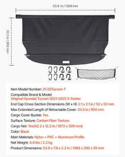 image-VEVOR Retractable Cargo Cover, Upgraded Carbon Fiber Texture Trunk Cover, Anti-Peeping Luggage Privacy Shield, Easy Installation Security Shade with Cargo Net, for Hyundai Tucson 2021-2025 5-Seater
